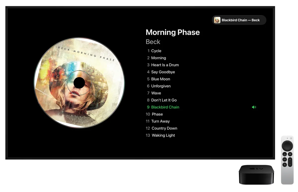 CD Wally Now Playing on an Apple TV: album art with the full track list.