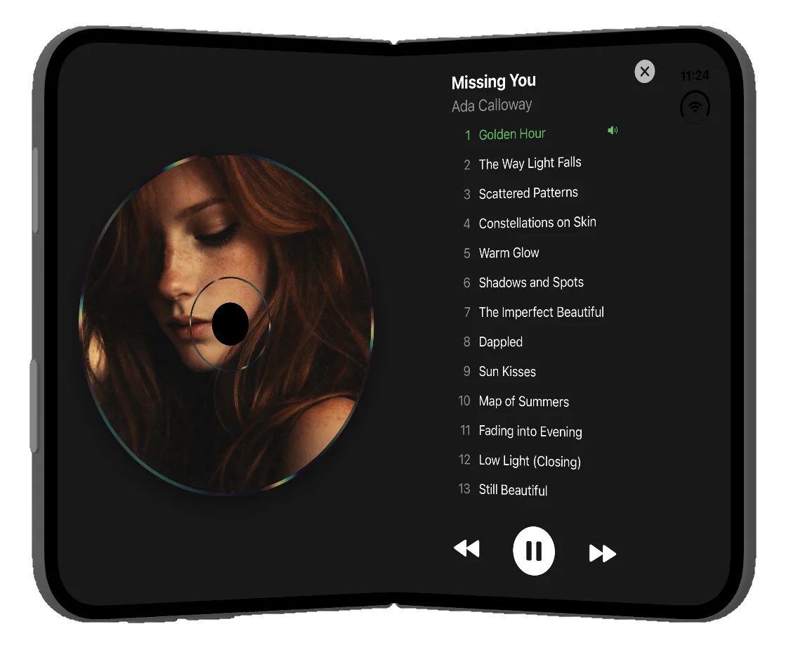 CD Wally on an iPhone Duo opened like a book: the disc spins on the left screen, the track list and controls fill the right.