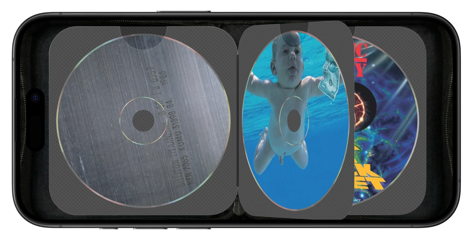 The CD Wally wallet on an iPhone: album discs in translucent woven sleeves, mid page-flip.