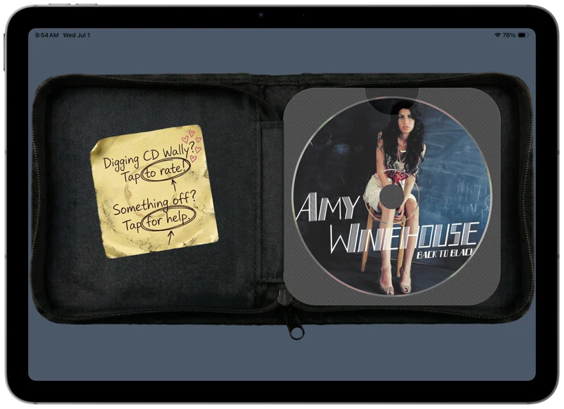 The CD Wally wallet on an iPad: a spread of album discs in woven sleeves.