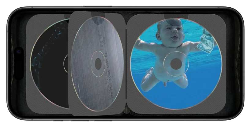 The CD Wally wallet on an iPhone: album discs in translucent woven sleeves, mid page-flip.